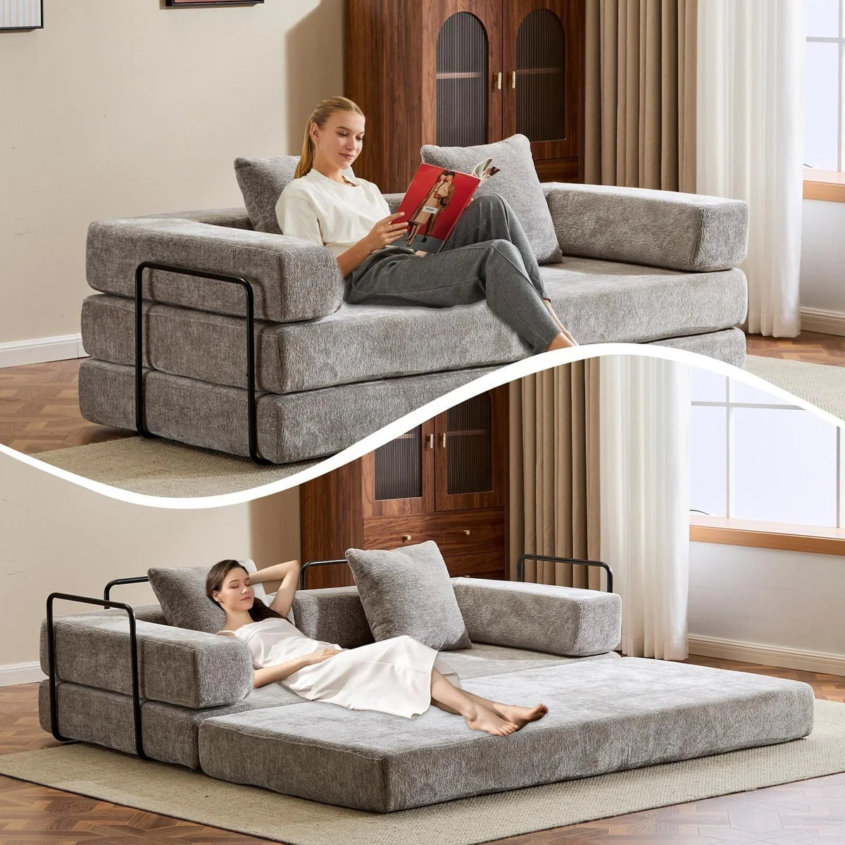 Convertible Floor Sofa Bed with Pillow Back Chenille Fabric for Living Room Bedroom