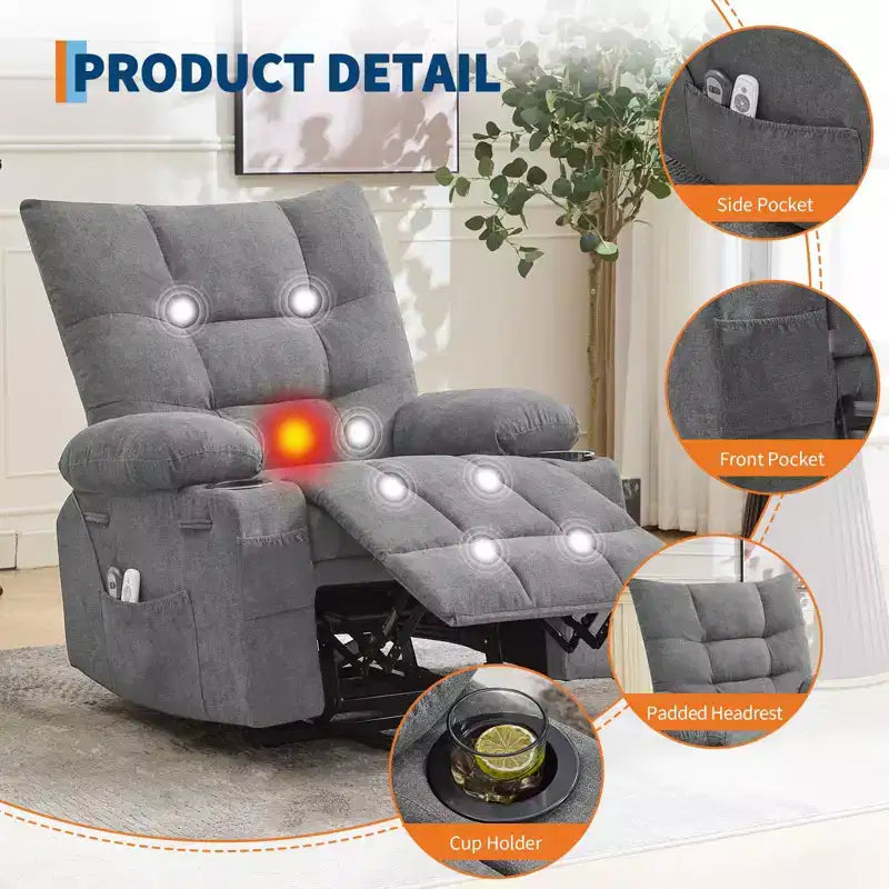 Power Lift Recliner Chair for Elderly with Massage and Heat, Oversized Massage & Heat Recliner with Soft Padded Upholstery, Side Pocket & Cup Holders