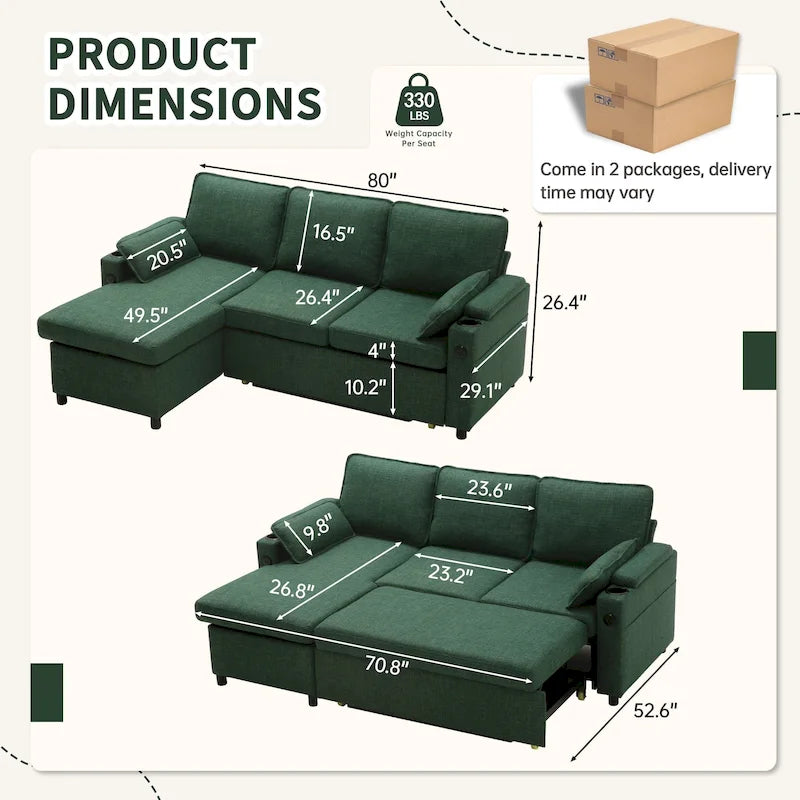80 L-Shaped Sofa Couch Bed, Sofa Sleeper with Pull Out Bed, Reversible Sleeper Sofa Bed