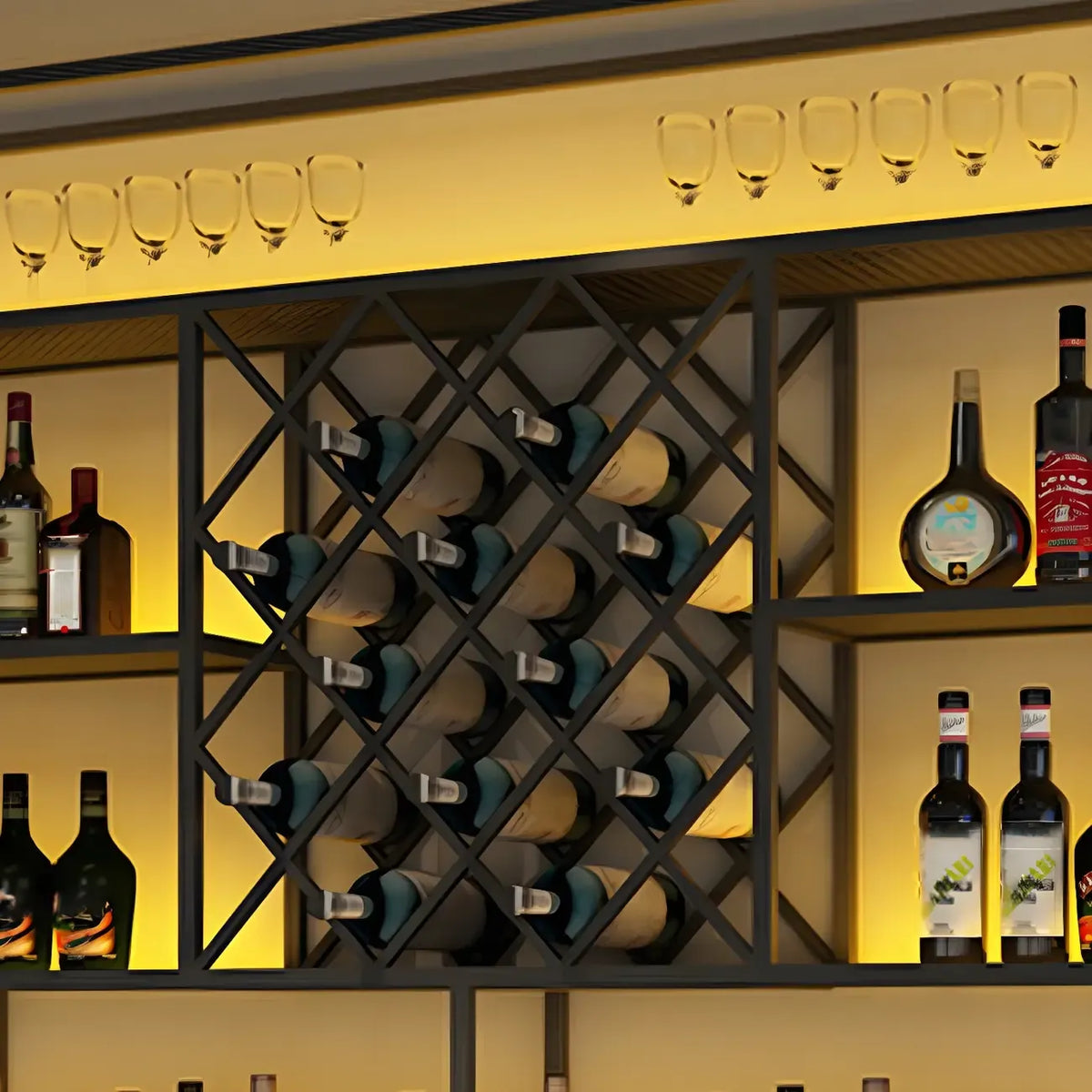 Rectangular Black Metal Wall-Mounted Wine Bottle Rack