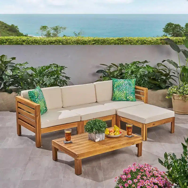 GDFStudio Cavendish Outdoor Acacia Wood 3 Seater Sofa Chat Set with Ottoman