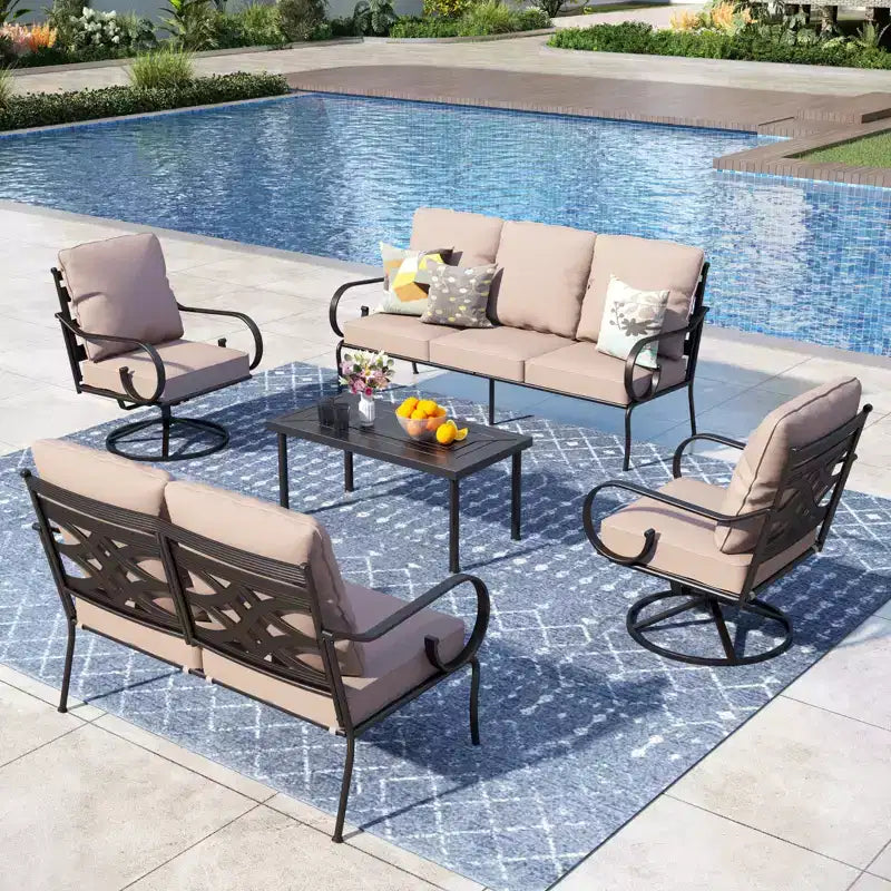 Captiva Designs 6pc extra large metal outdoor patio conversation set with four swivel pattern-back chairs and loveseat