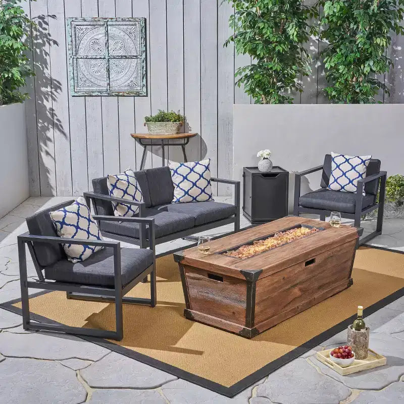 Christopher Knight Home Outdoor Aluminum 4 Seater Chat Set with Fire Pit, Gray/Brown