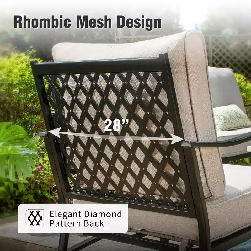 Captiva Designs 6pc Metal Patio Outdoor Conversation Set with Grid-back Armchairs, Ottomans and Coffee Table