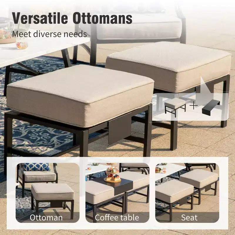 Captiva Designs 6pc Metal Patio Outdoor Conversation Set with Grid-back Armchairs, Ottomans and Coffee Table