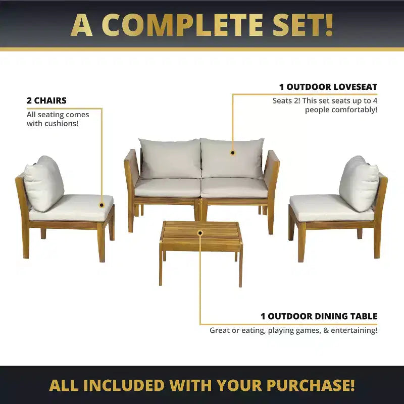 Kinger Home Steven 4-Piece Acacia Wood Patio Furniture Set with Cushions Stylish and Durable Outdoor Patio Furniture Compact Wood