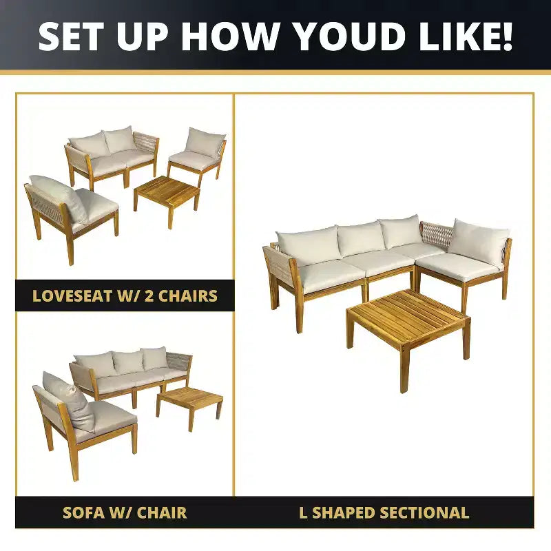 Kinger Home Steven 4-Piece Acacia Wood Patio Furniture Set with Cushions Stylish and Durable Outdoor Patio Furniture Compact Wood