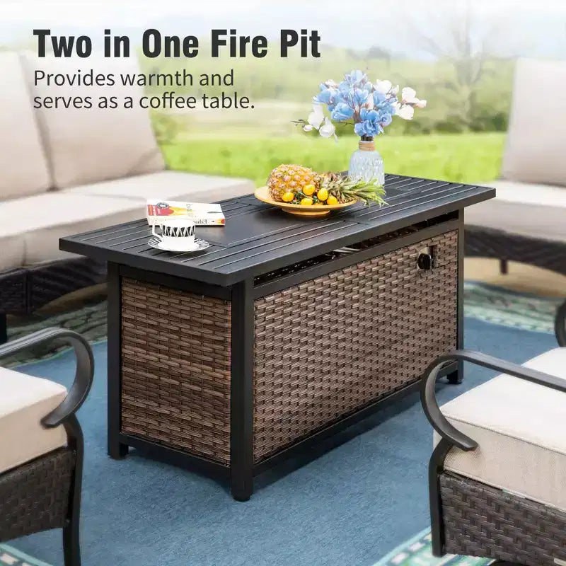 Captiva Designs 6pc Extra Large Metal and Rattan Outdoor Patio Fire Pit Set with Single Sofas and Ottomans