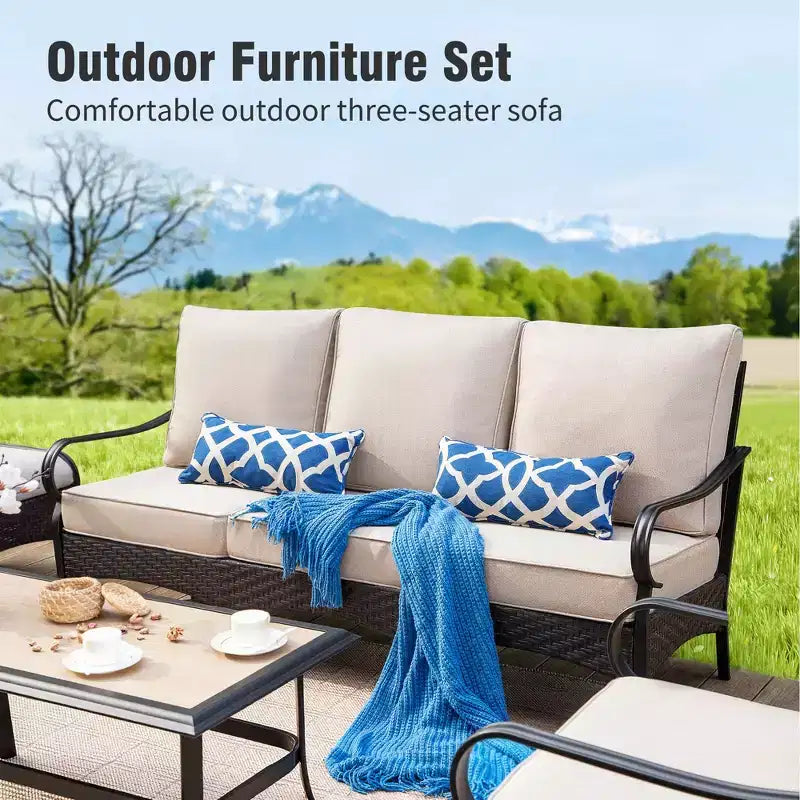 Captiva Designs 6pc Extra Large Metal and Rattan Outdoor Patio Fire Pit Set with Single Sofas and Ottomans