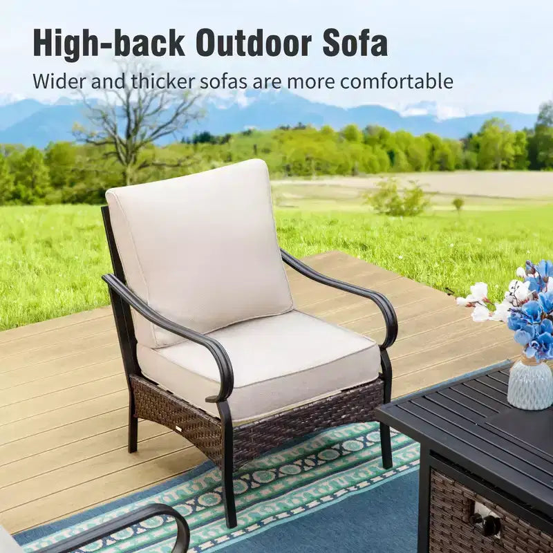 Captiva Designs 6pc Extra Large Metal and Rattan Outdoor Patio Fire Pit Set with Single Sofas and Ottomans
