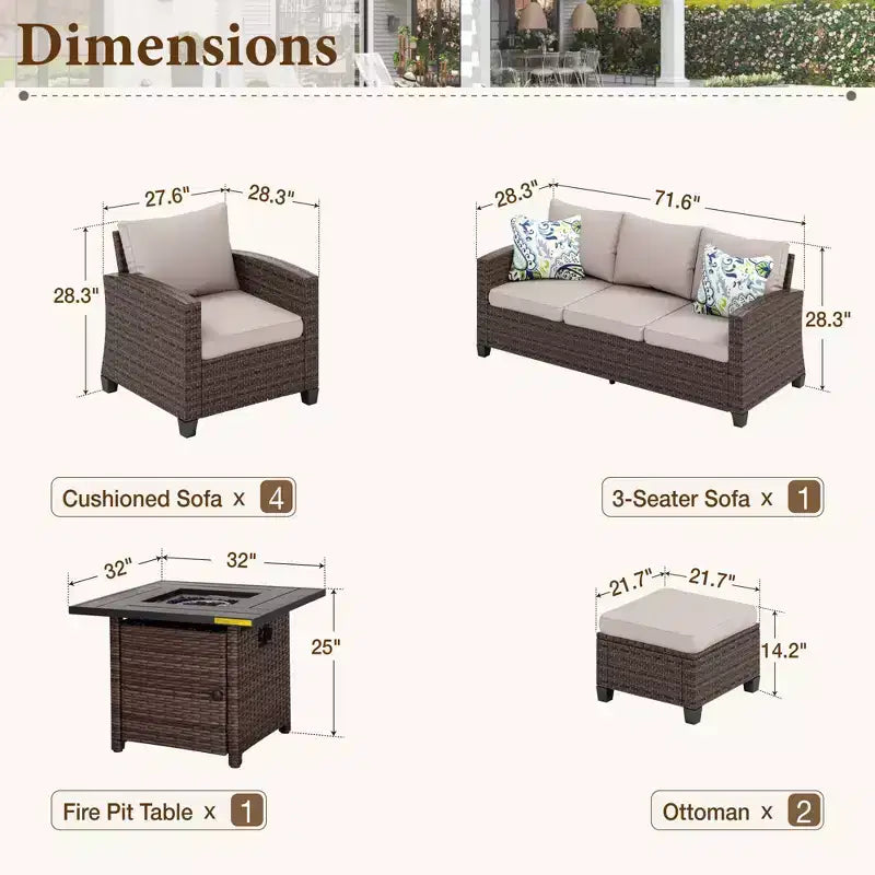 Captiva Designs 8pc Outdoor Patio Wicker Rattan Cushioned Fire Pit Set with Ottomans and Single Sofas
