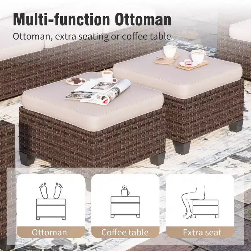 Captiva Designs 8pc Outdoor Patio Wicker Rattan Cushioned Fire Pit Set with Ottomans and Single Sofas
