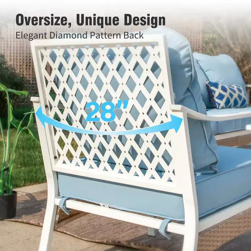 Captiva Designs 4pc Extra Large Metal and Rattan Outdoor Patio Conversation Set with Grid-back Armchairs and Table