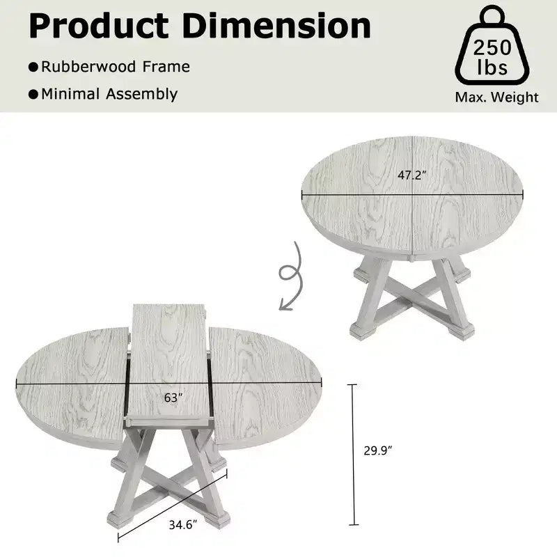 VECELO Round Extendable Dining Table Set, Rubber Wood Table with 4/6 Armless Upholstered Dining Chairs for Kitchen, Gray
