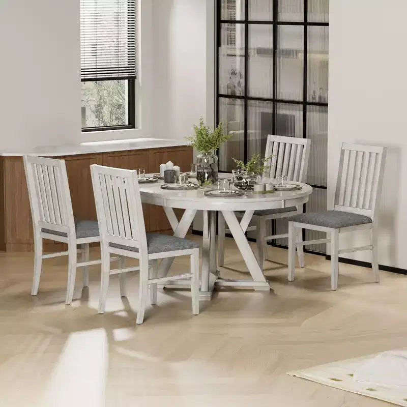 VECELO Round Extendable Dining Table Set, Rubber Wood Table with 4/6 Armless Upholstered Dining Chairs for Kitchen, Gray