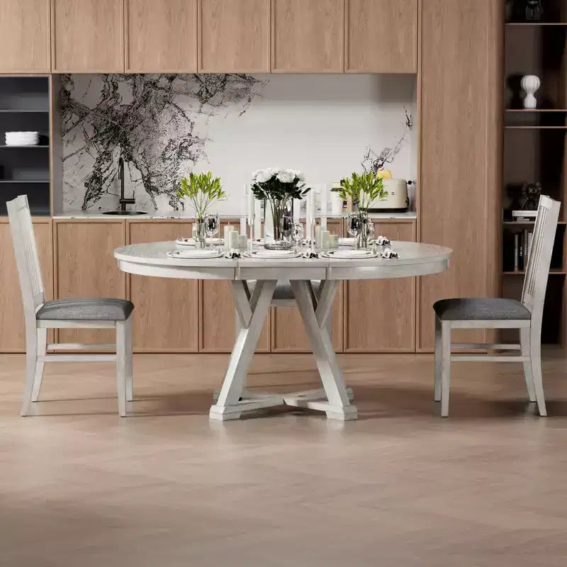 VECELO Round Extendable Dining Table Set, Rubber Wood Table with 4/6 Armless Upholstered Dining Chairs for Kitchen, Gray