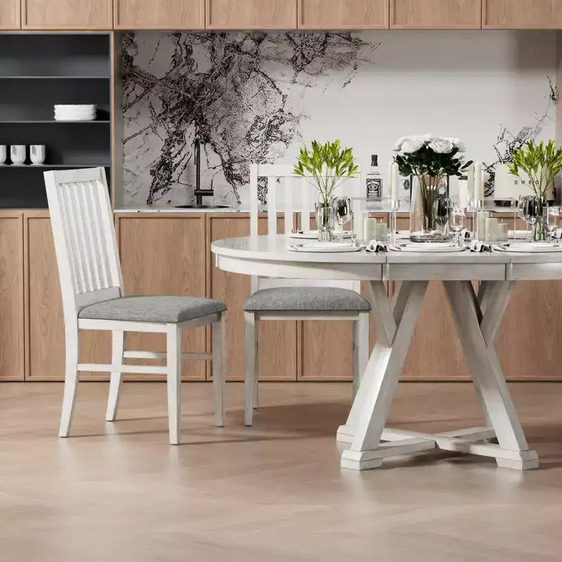 VECELO Round Extendable Dining Table Set, Rubber Wood Table with 4/6 Armless Upholstered Dining Chairs for Kitchen, Gray