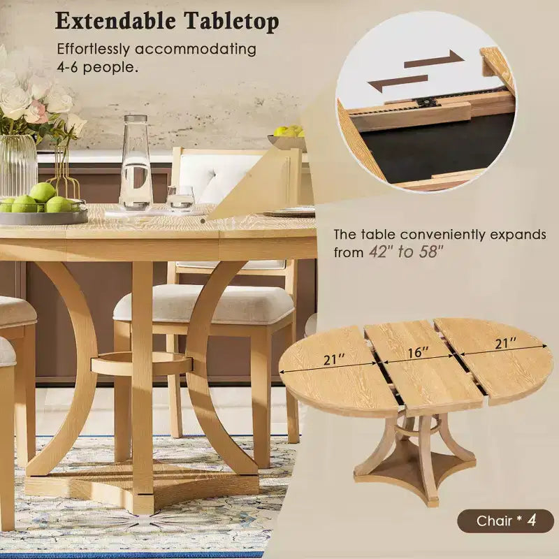 Merax Stylish 5-Piece Retro Dining Set with Extendable Round Table & 4 Upholstered Chairs