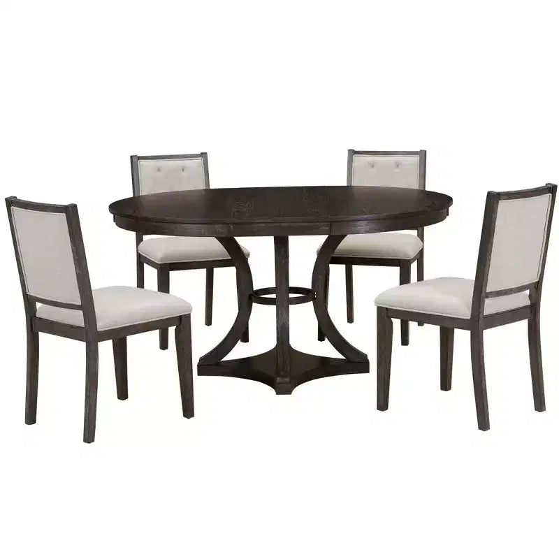 Merax Stylish 5-Piece Retro Dining Set with Extendable Round Table & 4 Upholstered Chairs