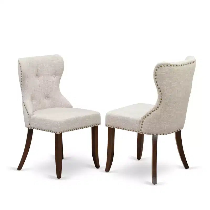 HomeStock Belmont 3 Piece Dining Table Set 1 Kitchen Table and 2 Doeskin Linen Fabric Kitchen Chair Button Tufted Back , Nail Heads - Mahogany Finish