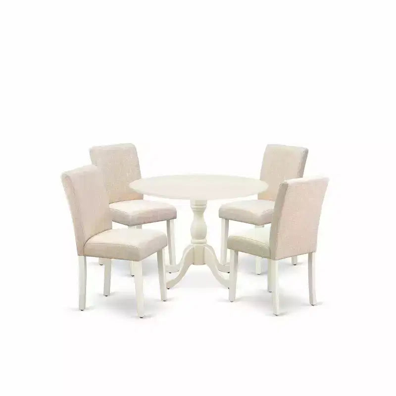 HomeStock Belmont 5 Piece Modern Dining Table Set 1 Drop Leaves Dining Table and 4 Light Beige Linen Fabric Dining Room Chairs - Linen White Finish