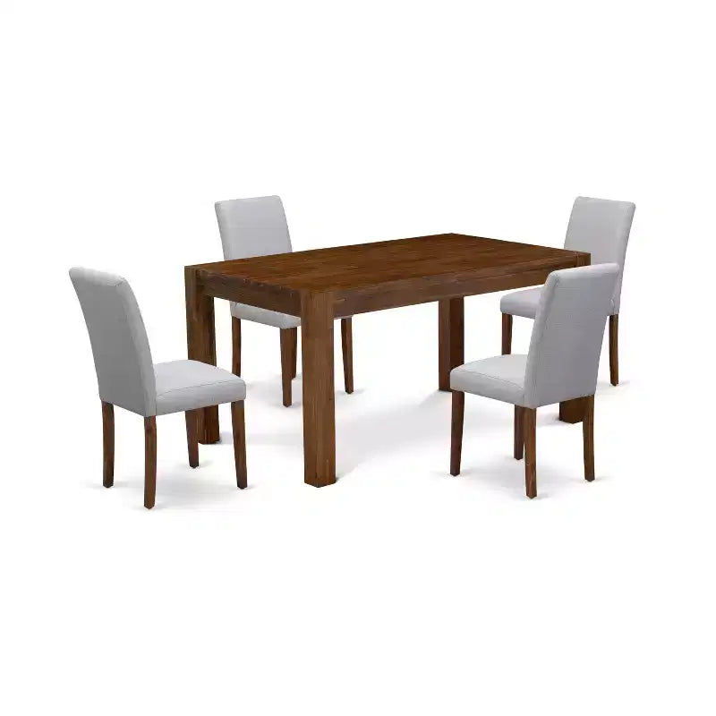 HomeStock Belmont 5-Pc Modern Dining Table Set- 4 Dining Chairs , Wood Dining Table - Grey Linen Fabric Seat , High Chair Back (Antique Walnut Finish)
