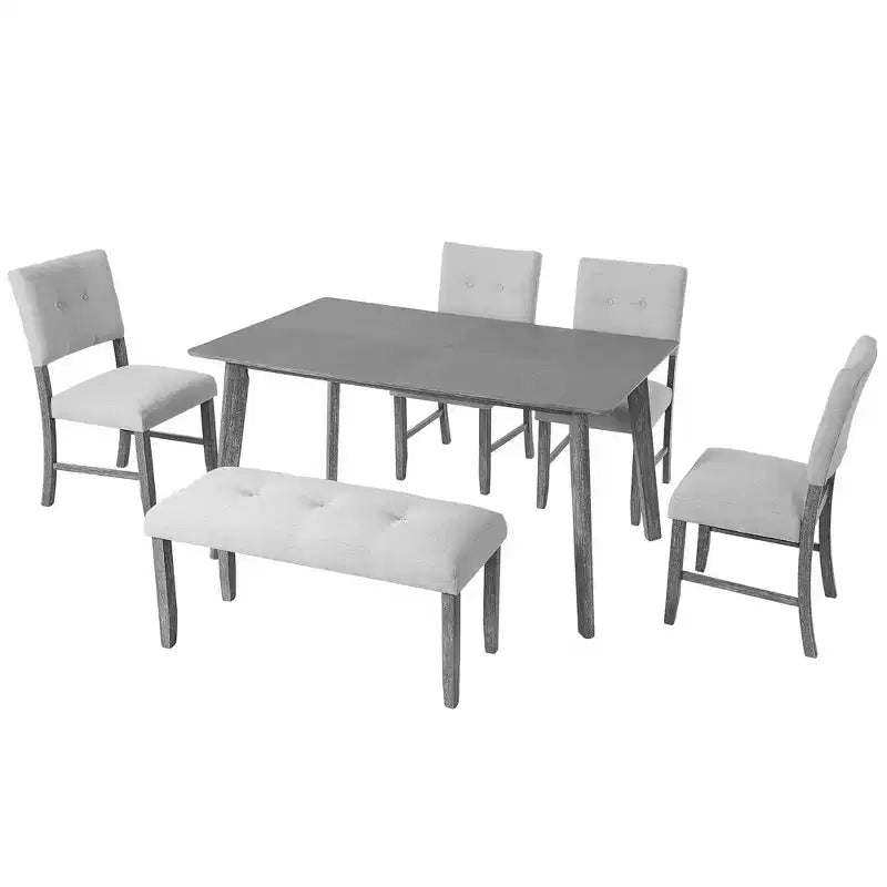 6 Piece Wood Dining Room Table Set, Dining Room Rectangular Table with 4 Upholstered Chairs and Bench
