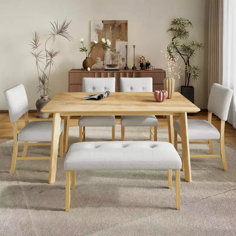 6 Piece Wood Dining Room Table Set, Dining Room Rectangular Table with 4 Upholstered Chairs and Bench