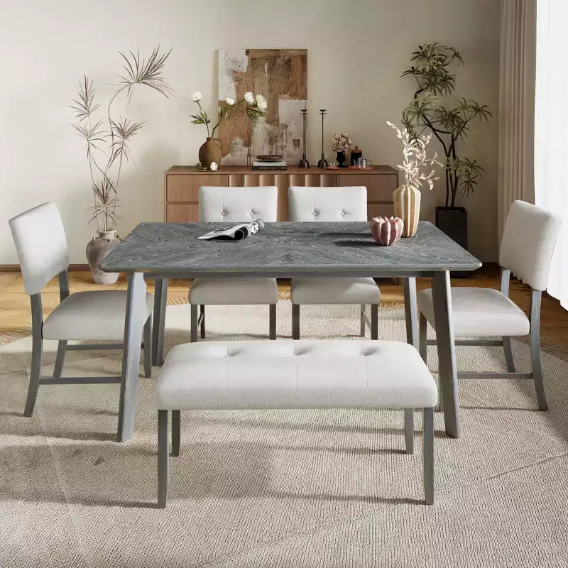 6 Piece Wood Dining Room Table Set, Dining Room Rectangular Table with 4 Upholstered Chairs and Bench