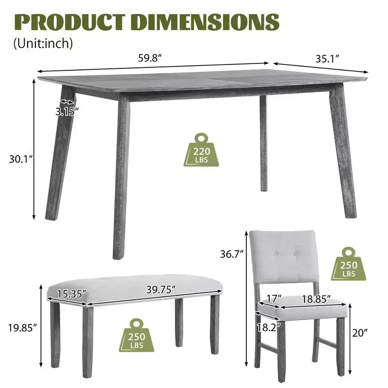 6 Piece Wood Dining Room Table Set, Dining Room Rectangular Table with 4 Upholstered Chairs and Bench