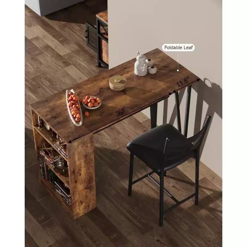 3 Piece Bar Table Set for 2, Bar Table and Chairs Set with with Flip Top Extension, Dining Table Set with Storage Shelves, Suitable for Small Space