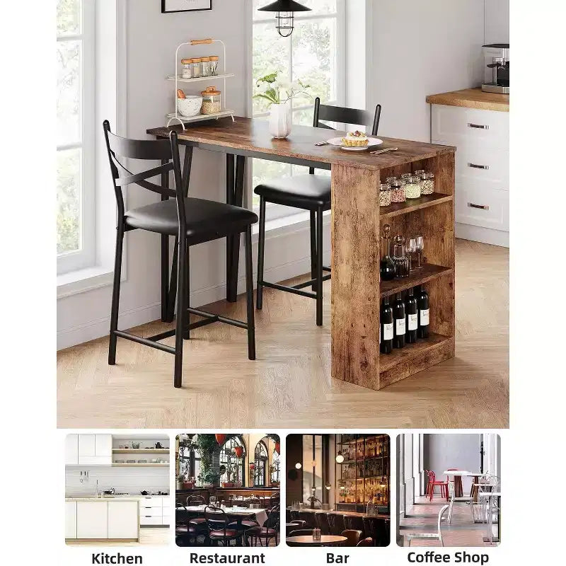 3 Piece Bar Table Set for 2, Bar Table and Chairs Set with with Flip Top Extension, Dining Table Set with Storage Shelves, Suitable for Small Space