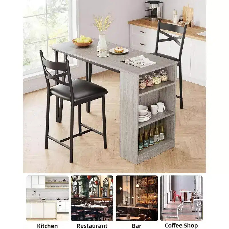 3 Piece Bar Table Set for 2, Bar Table and Chairs Set with with Flip Top Extension, Dining Table Set with Storage Shelves, Suitable for Small Space