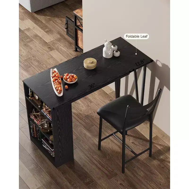 3 Piece Bar Table Set for 2, Bar Table and Chairs Set with with Flip Top Extension, Dining Table Set with Storage Shelves, Suitable for Small Space