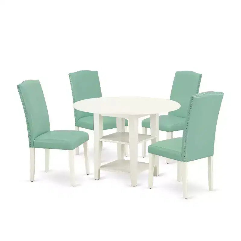 HomeStock 5-Pc Linen White Finish Solid Wood Top-Round Dining Room Set with Dropleaf-Seats 4