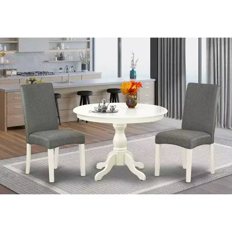 3-Piece Linen White Finish Solid Wood Top - Dining Room Set with High Back - Seats 4