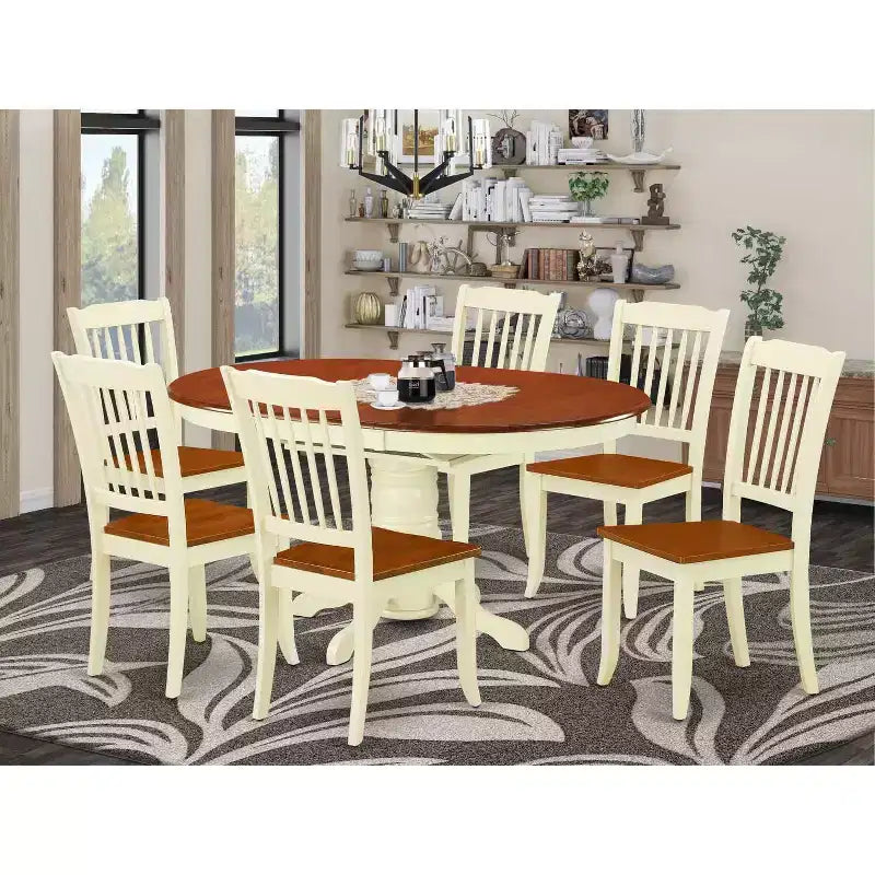 HomeStock 7-Piece Oval Buttermilk & Cherry Finish Solid Wood Top Dining Table with 6-Chairs with Slat Back