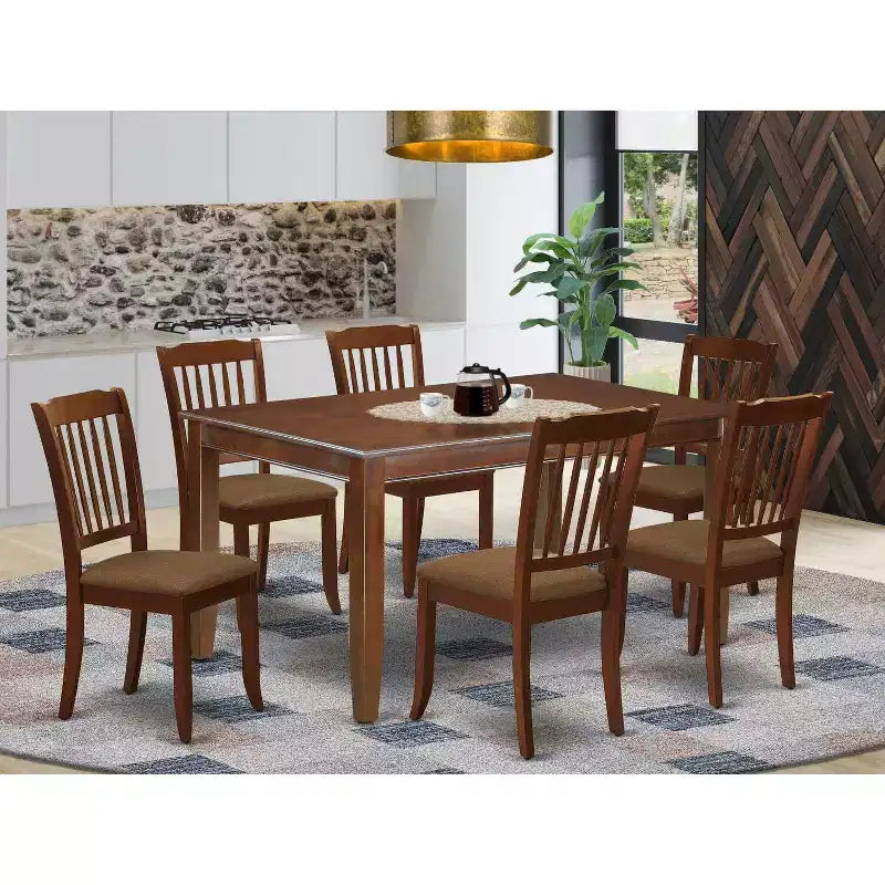 HomeStock 7-Piece Rectangle Mahogany Finish Solid Wood Top Dining Table with 6 Chairs with Slat Back