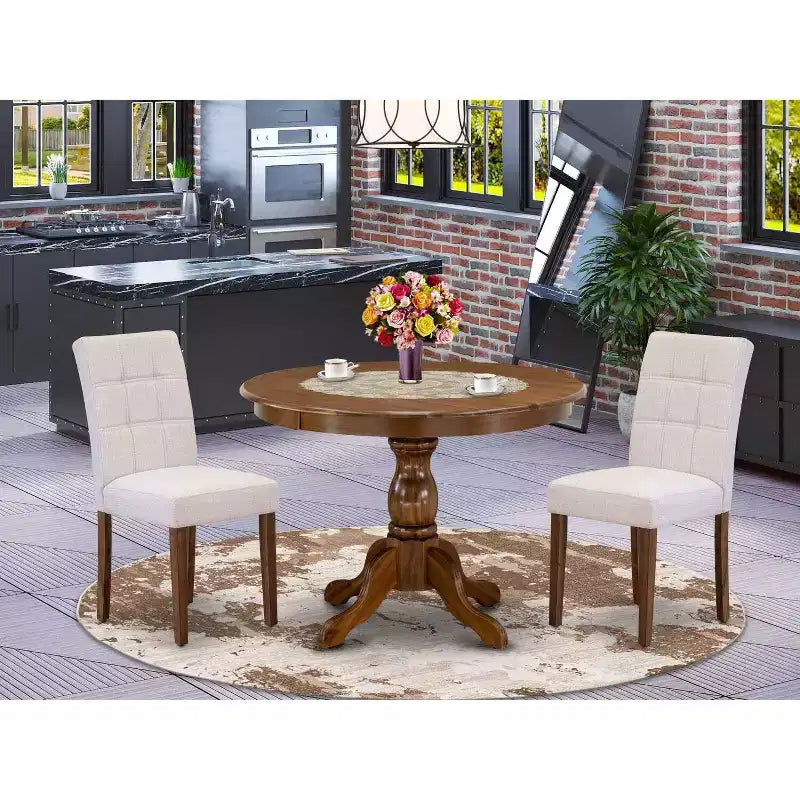 3-Piece Antique Walnut Finish Solid Wood Top-Round Dining Room Set-Seats 4