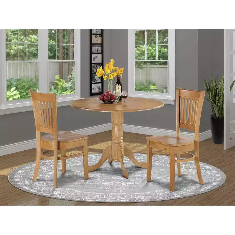 HomeStock 3-Piece Round Natural Oak Finish Solid Wood Top Dining Table 2-Chairs