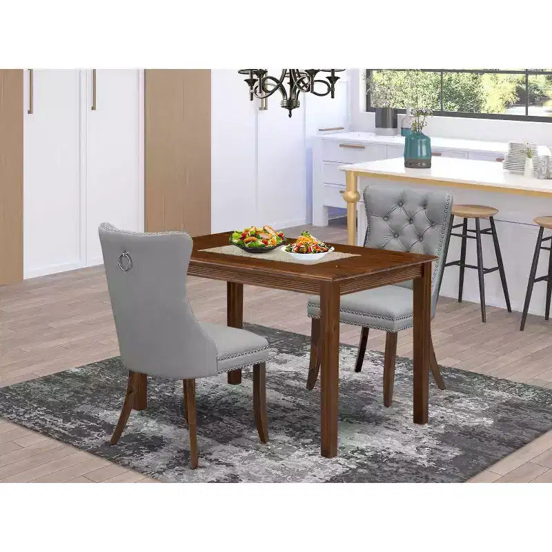 HomeStock 3-Pc Antique Walnut Finish Rectangular Solid Wood Top Dining Table Set