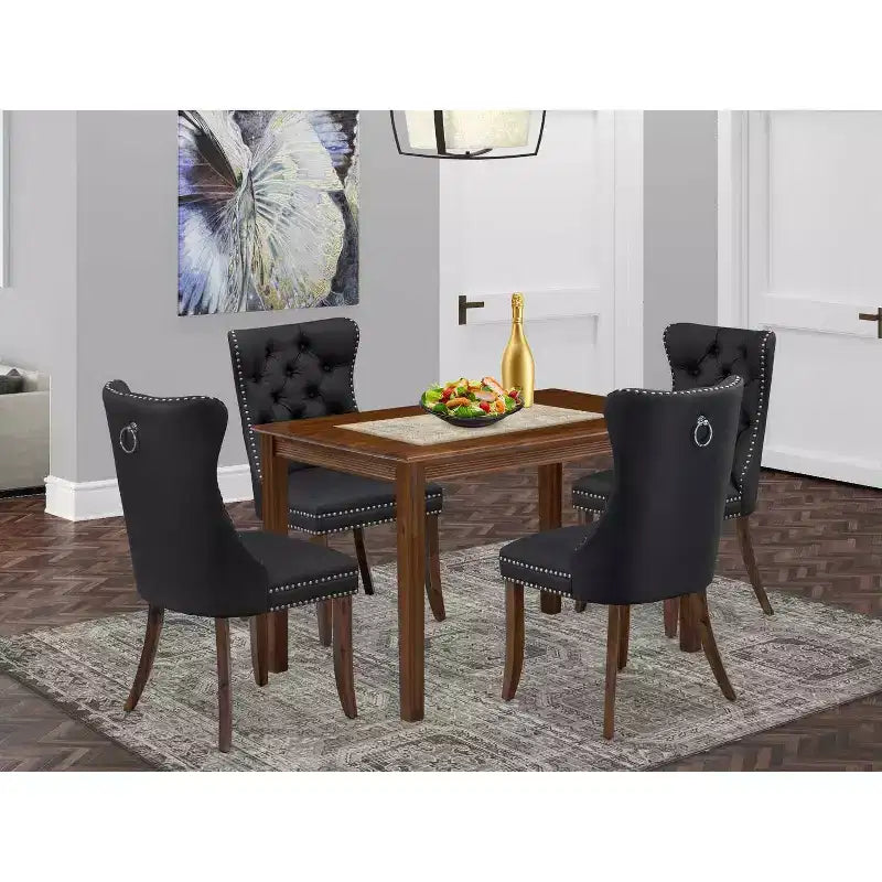 HomeStock 5-Piece Antique Walnut Finish Solid Wood Top - Rectangular Upholstered Dining Room Set - Seats 4