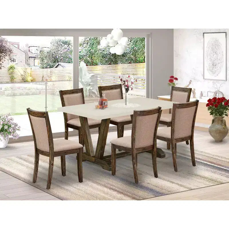 HomeStock 7-Piece Distressed Jacobean Finish Solid Wood Top Dining Table with 6-Chairs