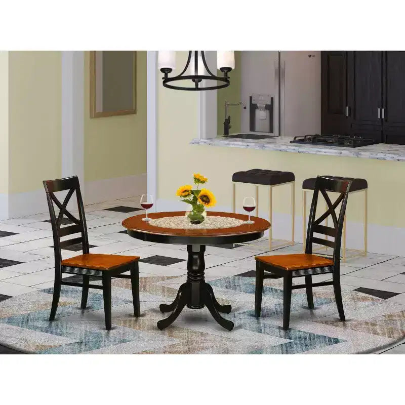 HomeStock 3-Pc Black and Cherry Finish Solid Wood Top - Round Dining Room Set - Seats 4
