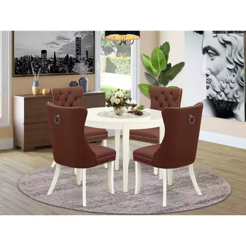 5-Piece Linen White Solid Wood Top - Round Upholstered Dining Room Set - (Seats-4)