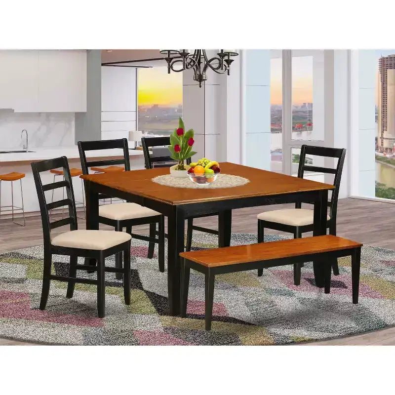 Mediterranean Dinette Set - Kitchen Table with 4 Chairs & Bench - Solid Wood Dining Room Set