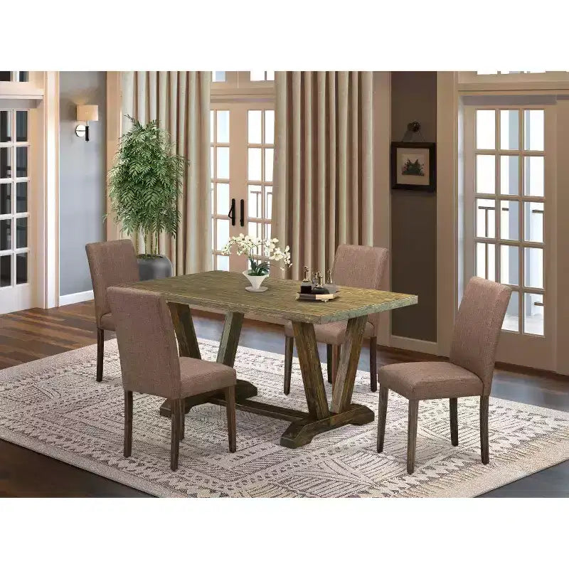 HomeStock 5-Pc Rectangle Distressed Jacobean Finish Solid Wood Top Dining Table with 4-Upholstered Chairs