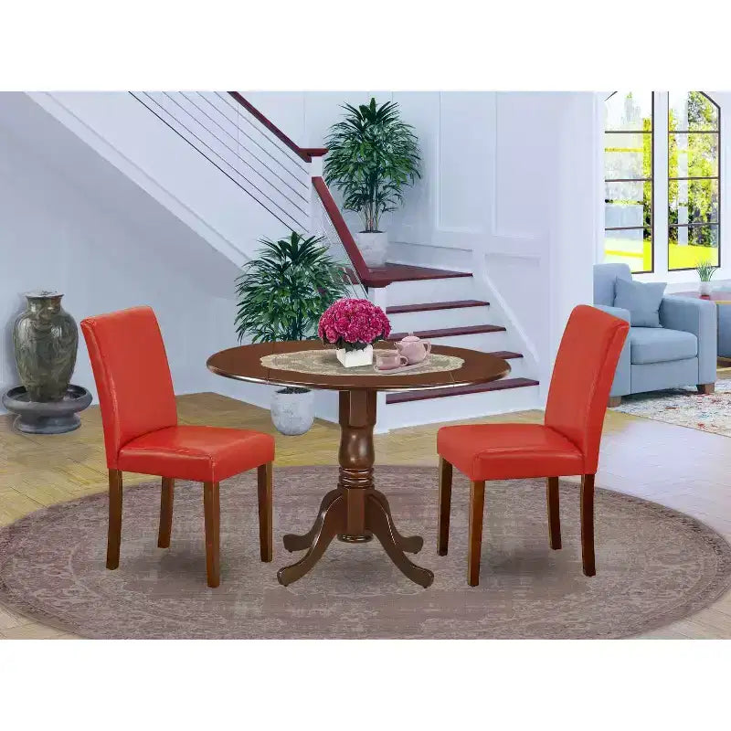 HomeStock 3-Pc Mahogany Finish Solid Wood Top-Round Dining Room Set with Dropleaf-Seats 4