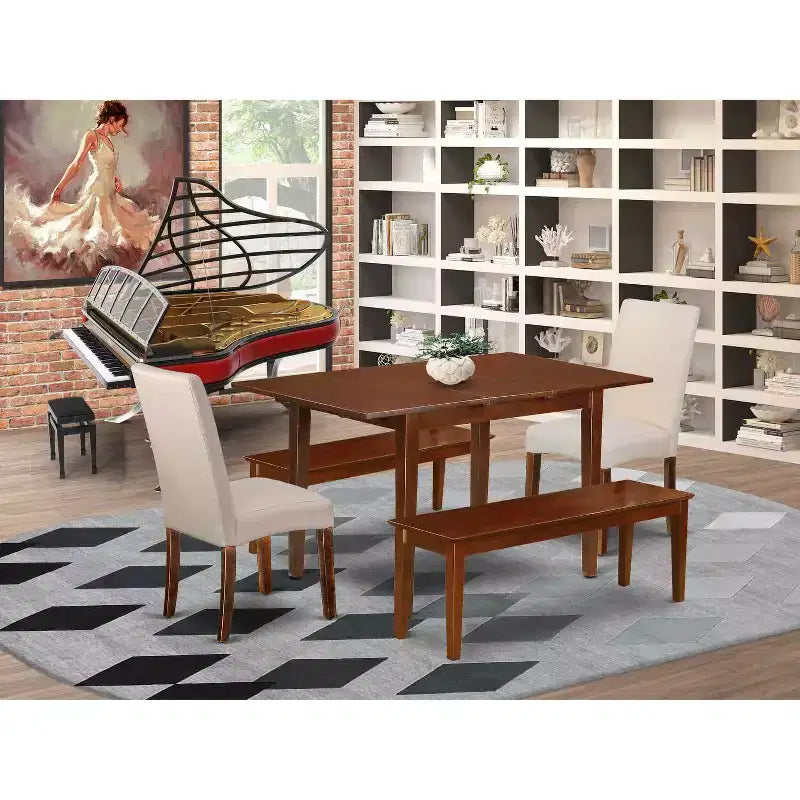 Rectangle Dining Set 7Pc Table & Chairs - Cream Linen Fabric, Mahogany Legs - Home Dining Room Furniture