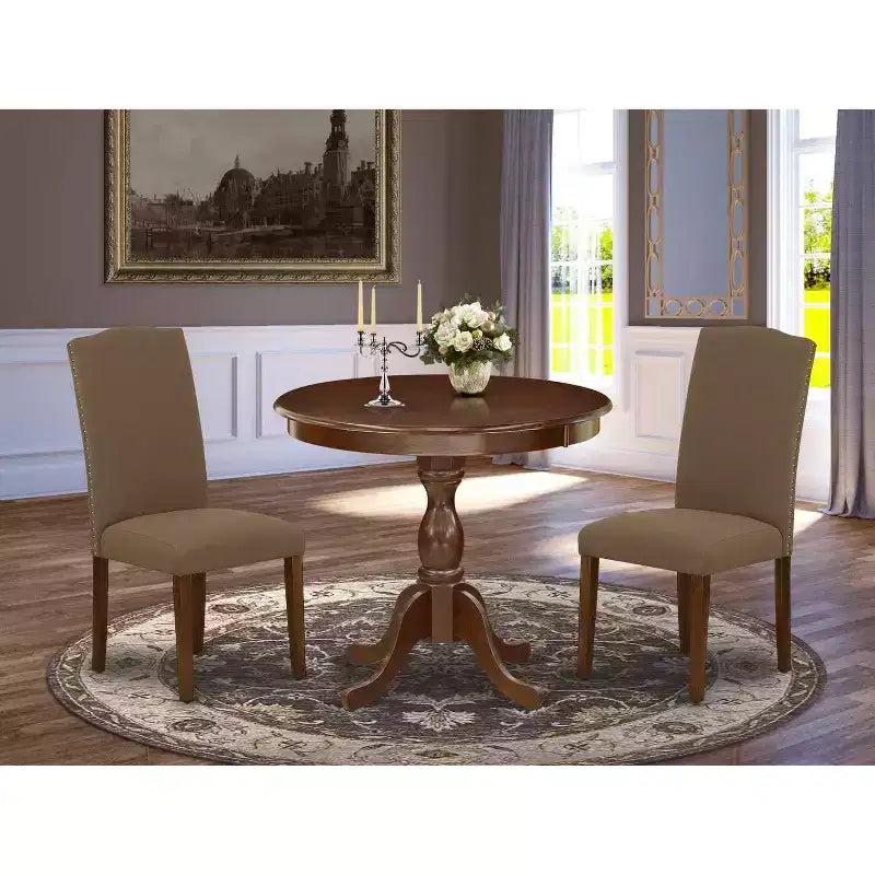 3-Piece Mahogany Finish Solid Wood Top Round Dining Room Set with High Back (Seats-4)